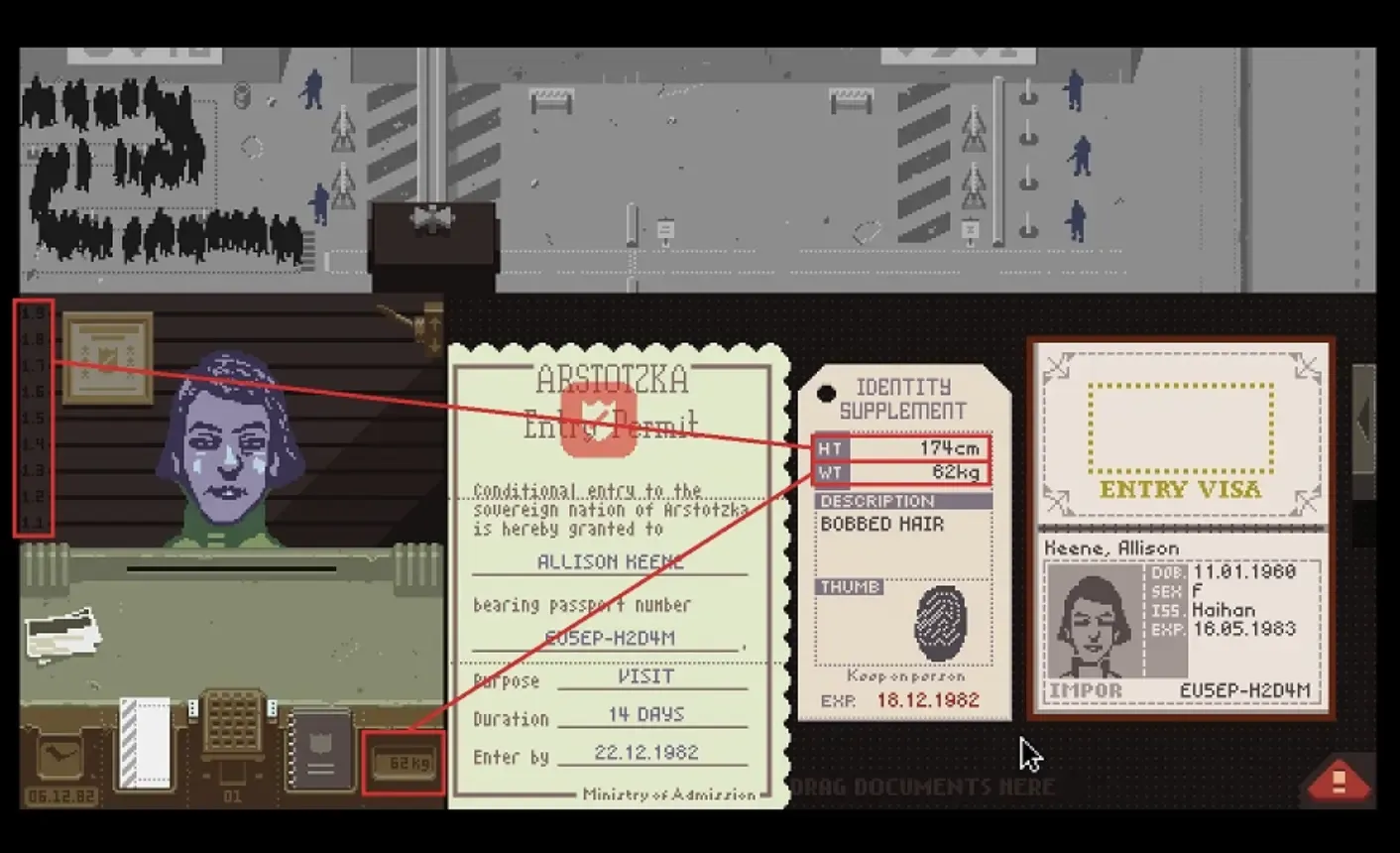 Papers Please inspection mode highlighting a weight discrepancy between the entry permit and ID card using the red correlation tool.