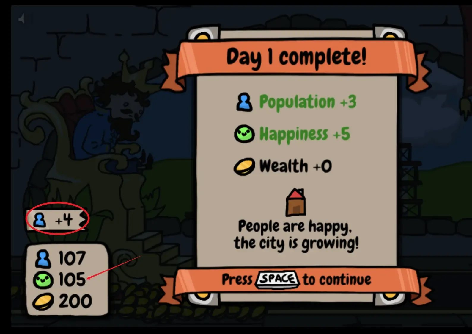 Sort the Court day summary screen showing population, happiness, and wealth changes after a decision